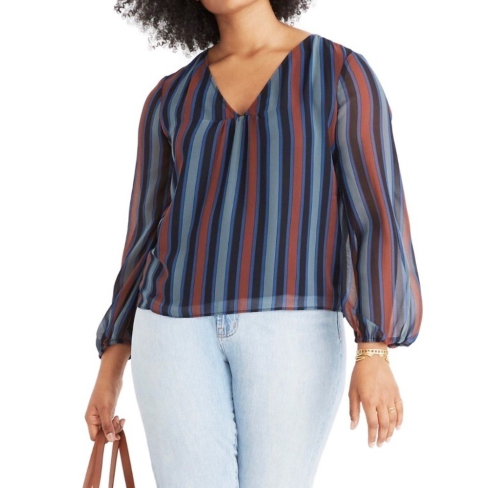 MADEWELL
Stripe Sheer Sleeve Top In Architect Green Size S